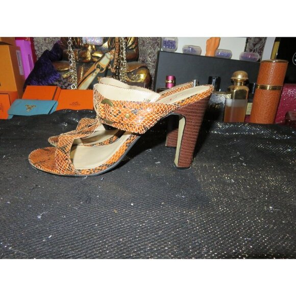 Stefani Collection Snakeskin Embossed Rust Italian Leather T strap Mules sz 7.5 - Picture 1 of 14
